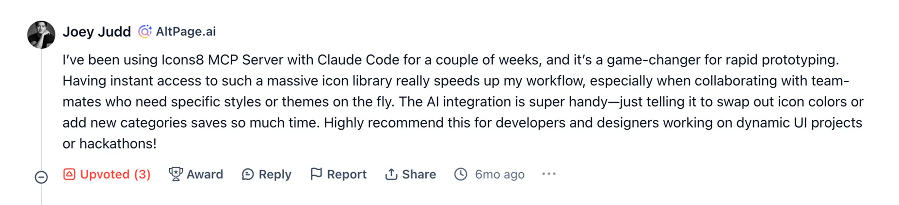 Review on Icons8 MCP Product Hunt launch page