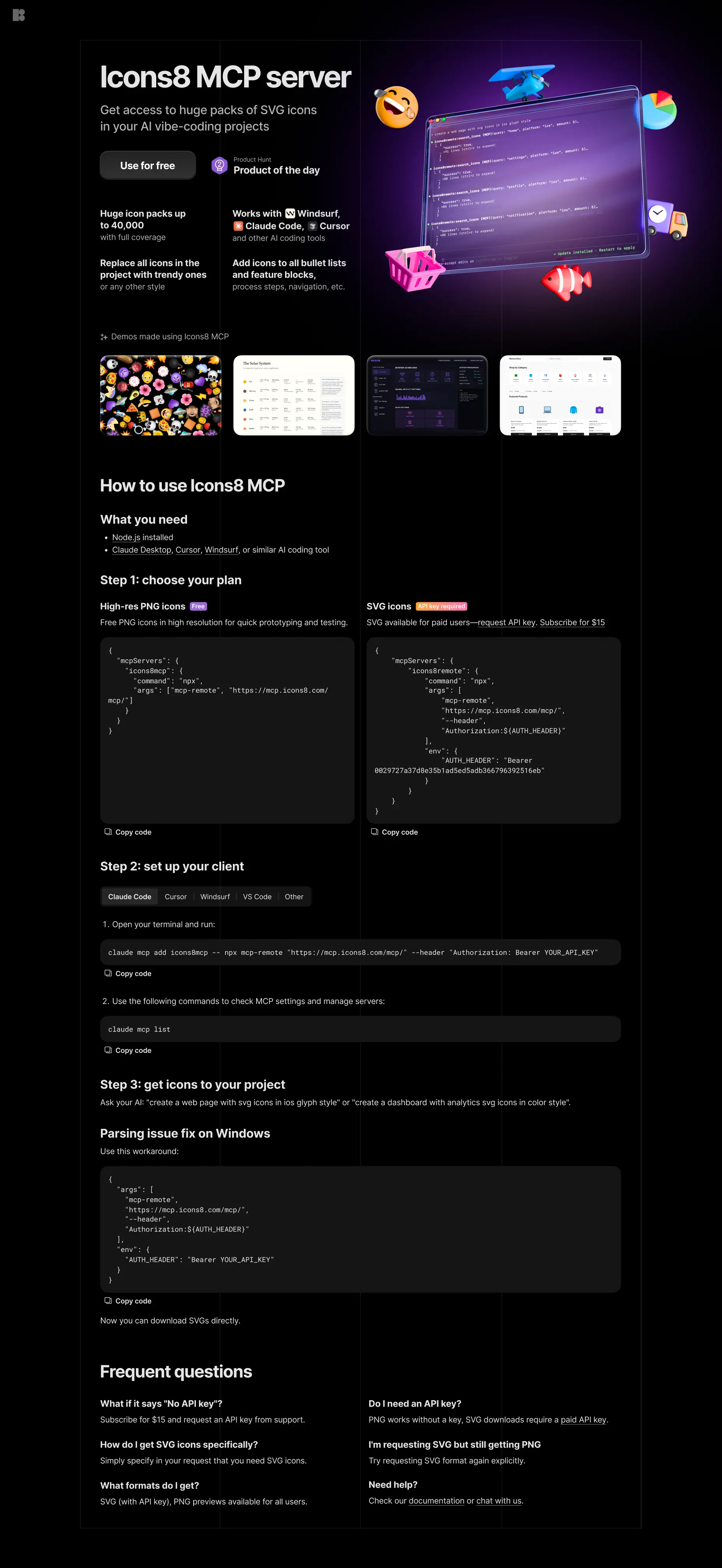 Icon8 MCP landing preview